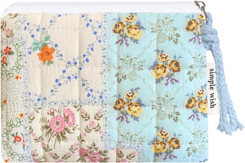 Modacarry Store Cotton Quilted Floral Coin Purse Digital Camera Pouch with Cute Prints Zipper for Women Girls (BLUE DISTY PATCH) - Image 1